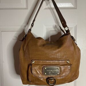 Michael Kors Tan leather crocs embossed shoulder bag with gold tone hard…